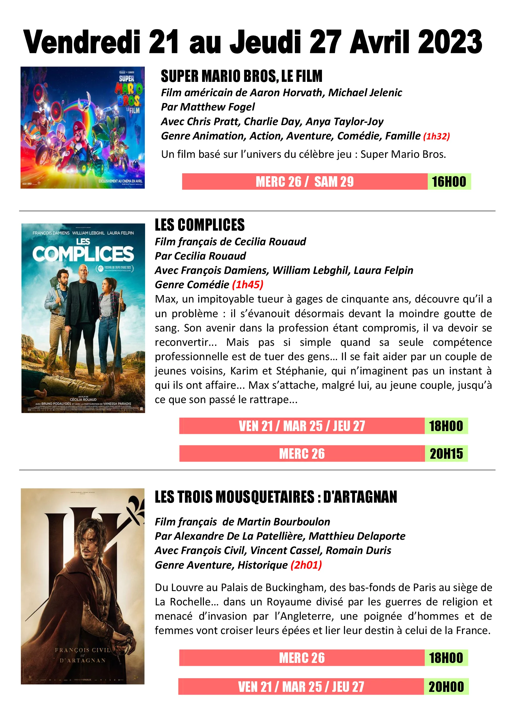 Programme ciné théâtre du Lamentin du vendredi 21 avril au jeudi 27 avril 2023