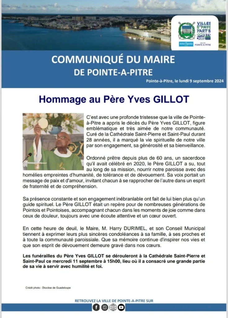 Hommage au Père Yves Gillot, emblème spirituel de Pointe-à-Pitre