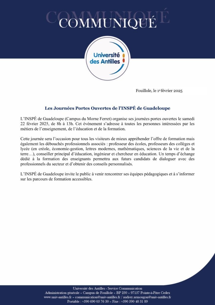 Journées Portes Ouvertes 2025 de l’INSPÉ de Guadeloupe : Découvrez les métiers de l’enseignement