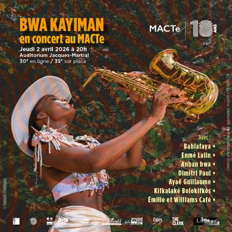 Affiche du concert Bwa Kayiman au Mémorial ACTe, jeudi 2 avril 2026, auditorium Jacques Martial