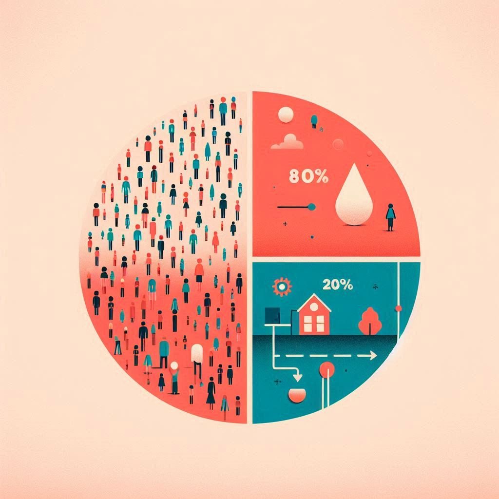 Diagramme circulaire abstrait 80/20. Quatre-vingts pour cent du cercle en corail rose avec silhouettes humaines symbolisant les solidarités. Vingt pour cent en bleu turquoise avec icônes goutte d'eau, école et route pour l'investissement. Fond beige clair.