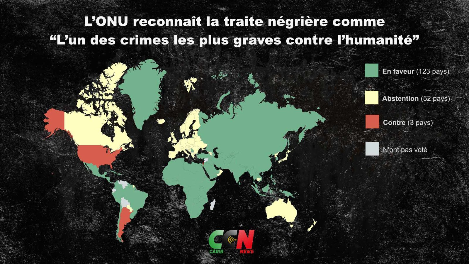 Carte vote ONU esclavage crime contre humanité 123 pays pour 52 abstentions dont France 3 contre