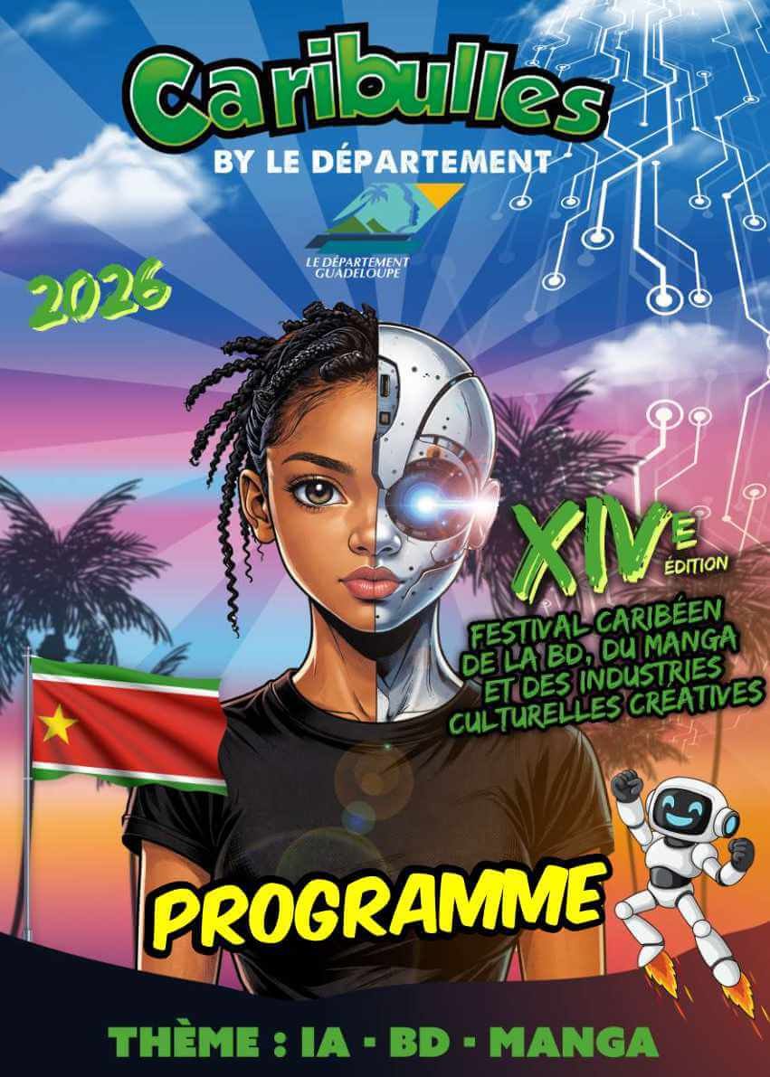Affiche du festival Caribulles 2026 en Guadeloupe dédié à la bande dessinée, au manga et aux cultures caribéennes