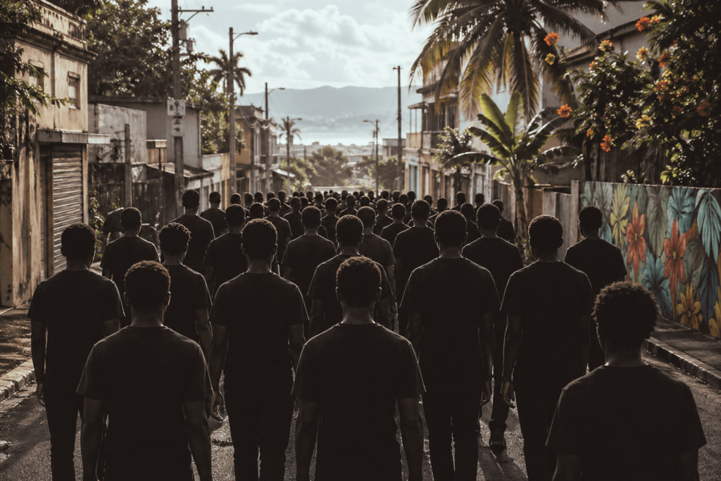 Foule de silhouettes humaines uniformes dans une rue urbaine caribéenne, illustrant la conformité sociale et la perte d’individualité