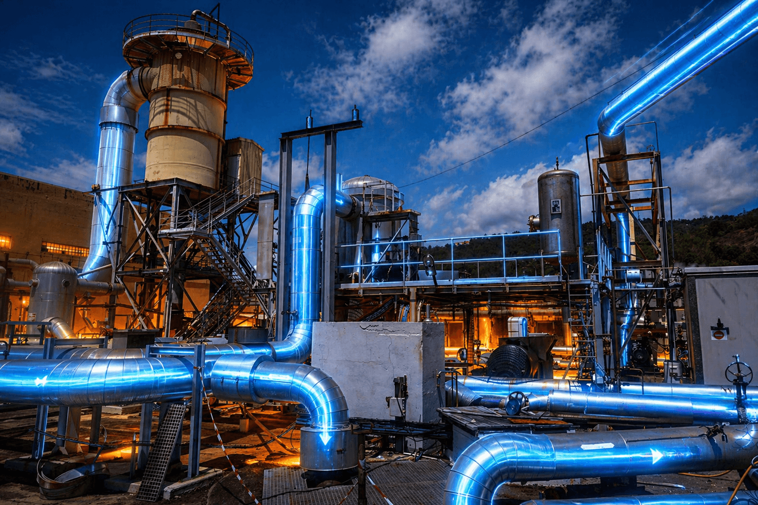 Centrale géothermique de Bouillante avec flux d’énergie simulés dans les installations