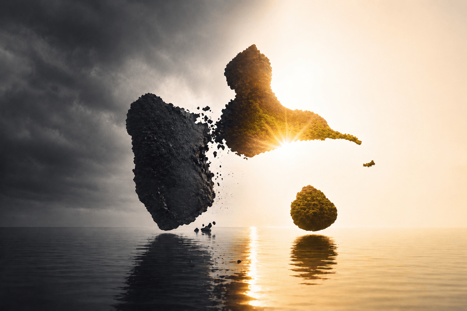 Guadeloupe divisée en deux entre obscurité et lumière, symbolisant la dépendance et la souveraineté