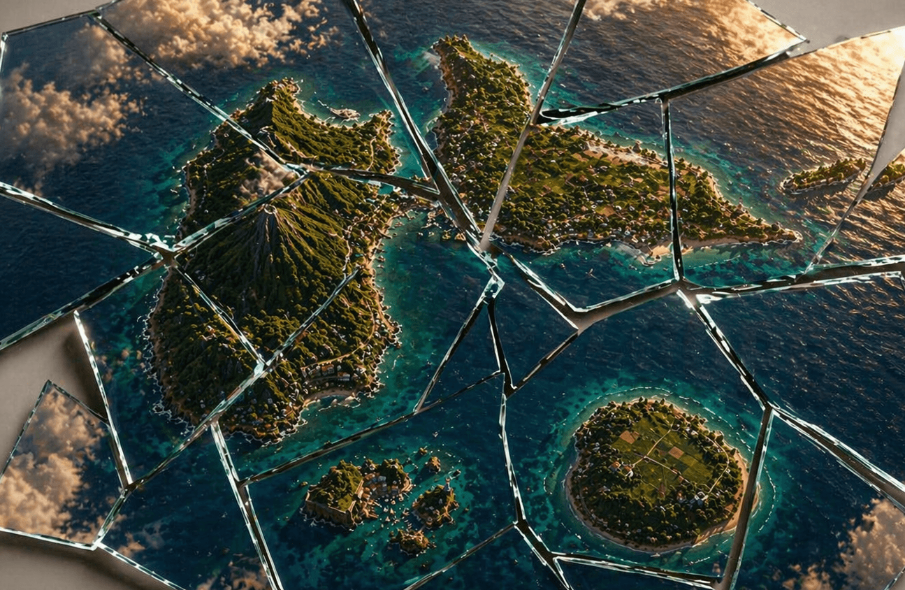 Carte de la Guadeloupe fragmentée dans des éclats de miroir
