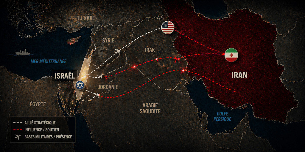 Carte géopolitique du Moyen-Orient montrant les relations entre Israël, l’Iran et leurs zones d’influence