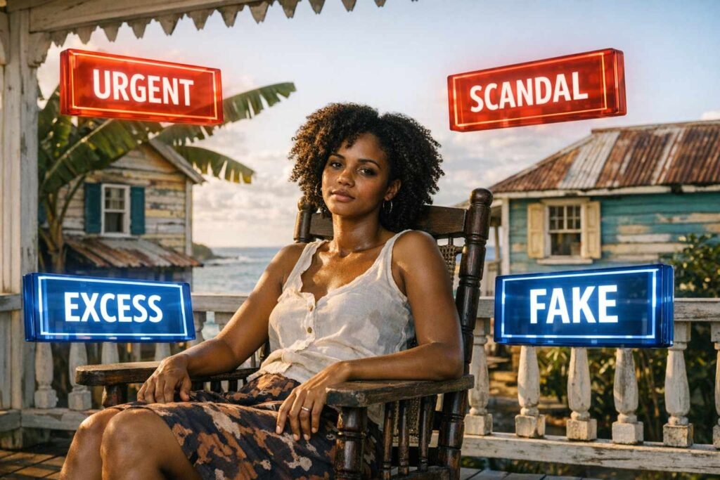 Femme caribéenne assise sur une véranda tropicale, entourée d'écrans flottants affichant les mots URGENT, SCANDAL, EXCESS et FAKE.