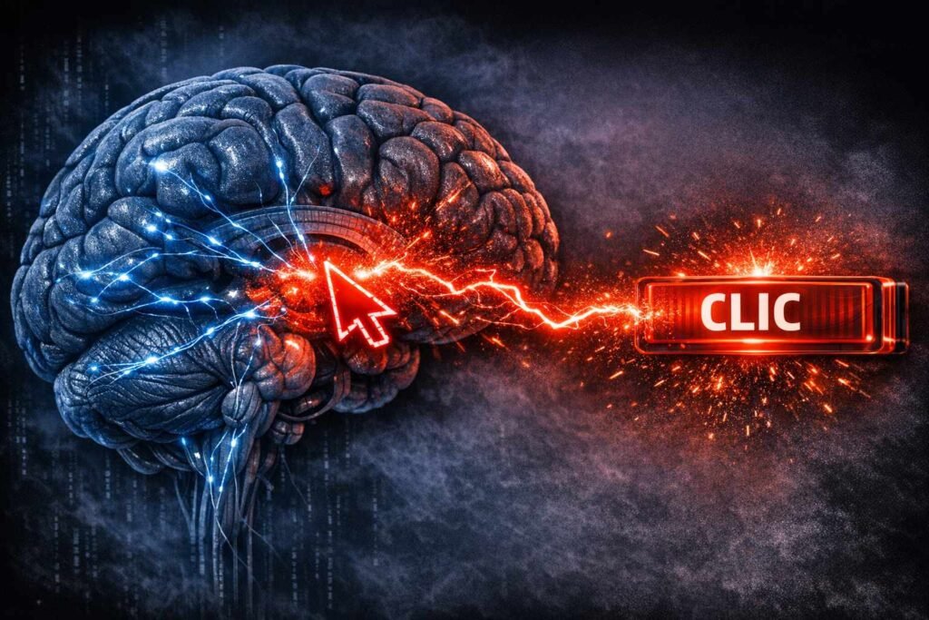 Cerveau humain avec un circuit neural détourné par un courant électrique rouge en forme de curseur de souris. Des étincelles volent vers un bouton qui dit « CLIC ». Fond sombre, style cyberpunk.
