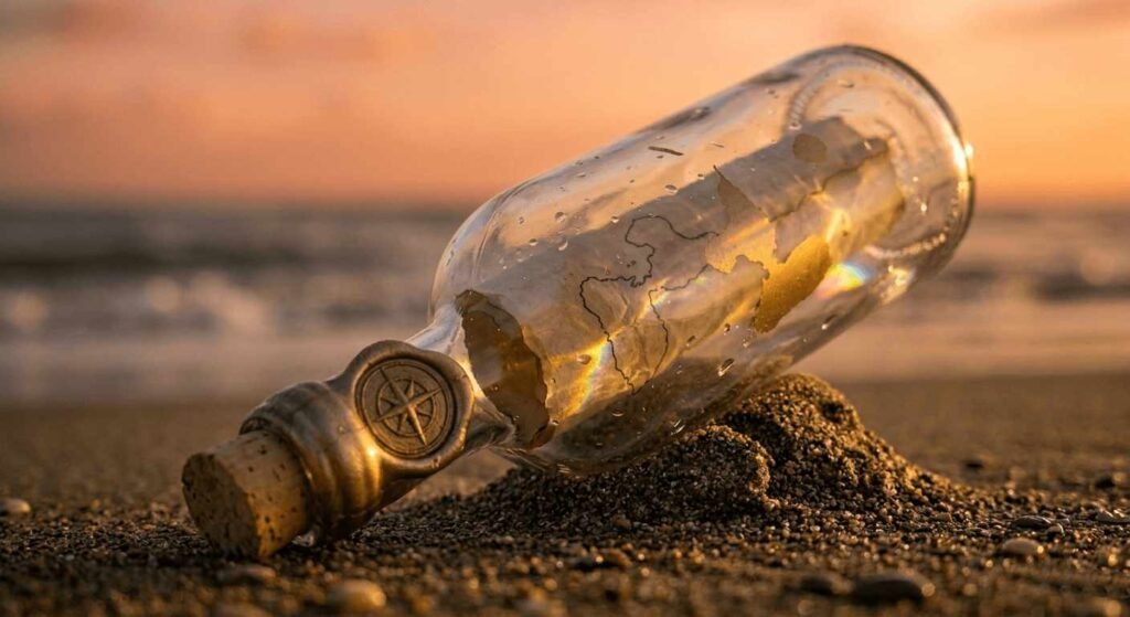 Bouteille à message sur plage caribéenne au coucher du soleil - statut Guadeloupe autonomie