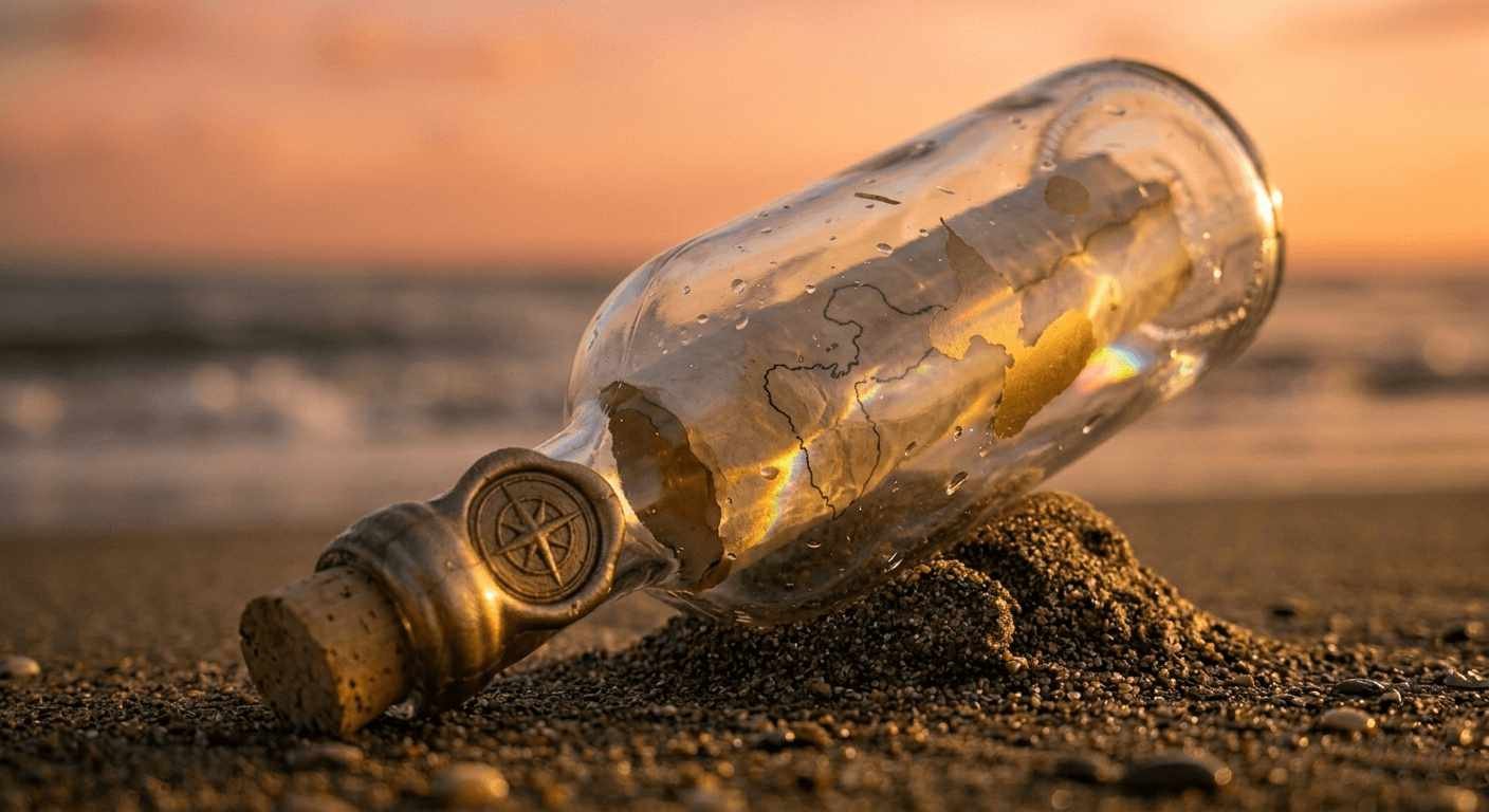 Bouteille à message sur plage caribéenne au coucher du soleil - statut Guadeloupe autonomie