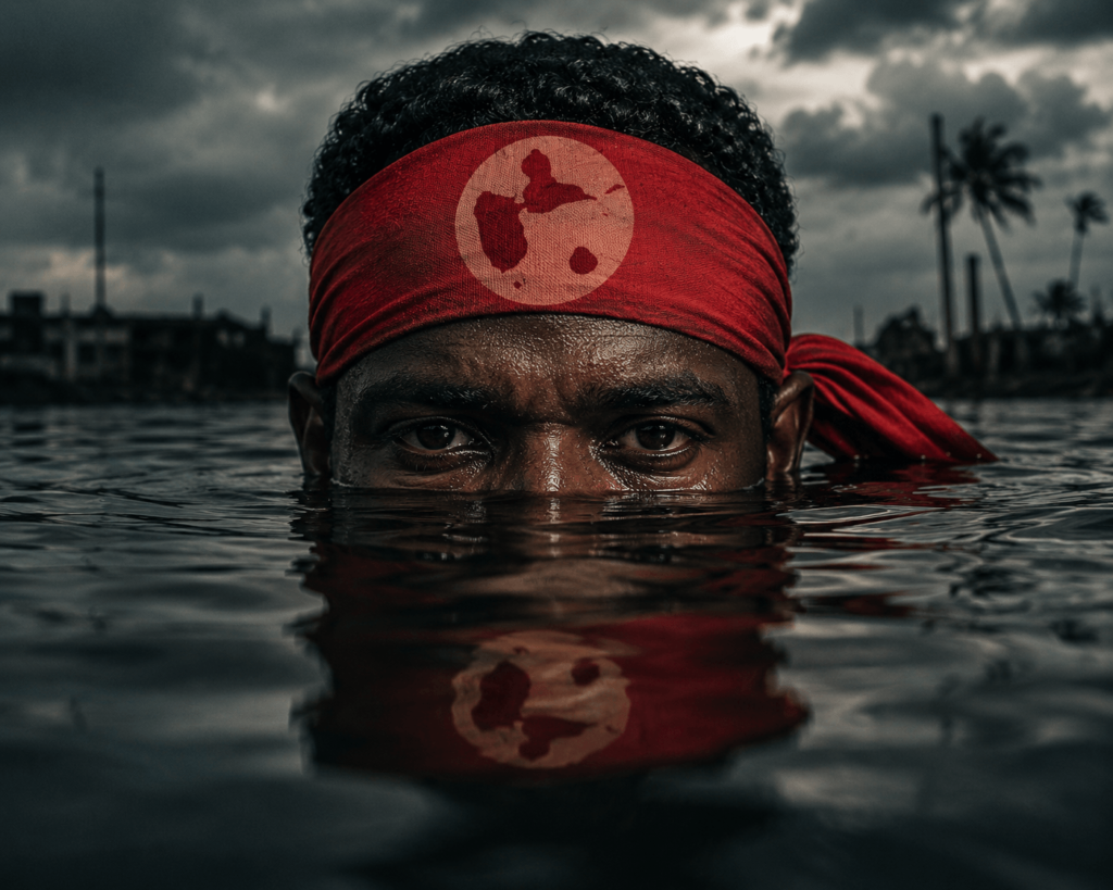 Portrait d’un homme caribéen émergeant difficilement d’une eau sombre, portant un bandeau rouge marqué d’une silhouette de la Guadeloupe.