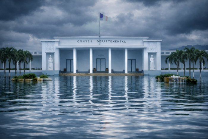 Le Conseil départemental de Guadeloupe partiellement submergé sous un ciel sombre et orageux.