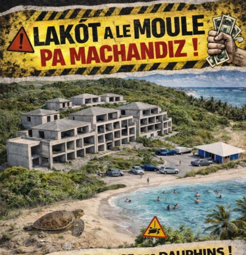 Vue de la plage Montal au Moule, site du projet immobilier contesté par le collectif Sauvons la Plage des Dauphins