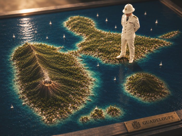 Maquette miniature de la Guadeloupe sous domination symbolique d’un gouverneur colonial en uniforme blanc