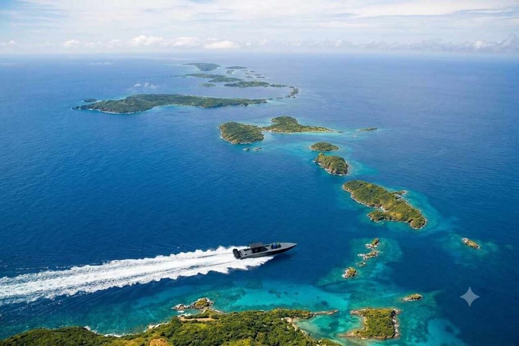 Un go-fast navigue à grande vitesse dans l'arc antillais caribéen, illustrant le narcotrafic maritime aux Antilles.