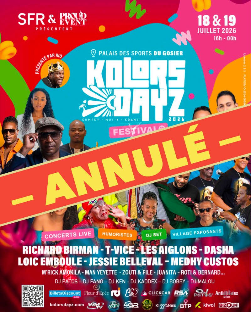 Affiche officielle du festival Kolors Dayz 2026 marquée « Annulé », Palais des Sports du Gosier
