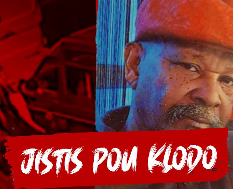 Affaire Klodo Guadeloupe - portrait de Claude Jean-Pierre et bannière Jistis pou Klodo