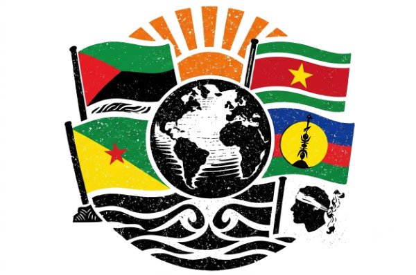 Front International de Décolonisation — drapeaux de Martinique, Guadeloupe, Guyane et Kanaky réunis autour d'un globe