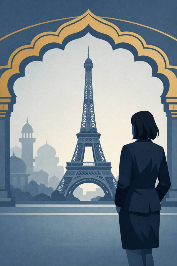 Illustration symbolique de l'égalité femmes Tour Eiffel : une salariée de dos face au monument