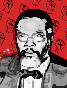 Illustration graphique en rouge, noir et blanc du portrait de Raoul Serva, philosophe et militant nationaliste guadeloupéen