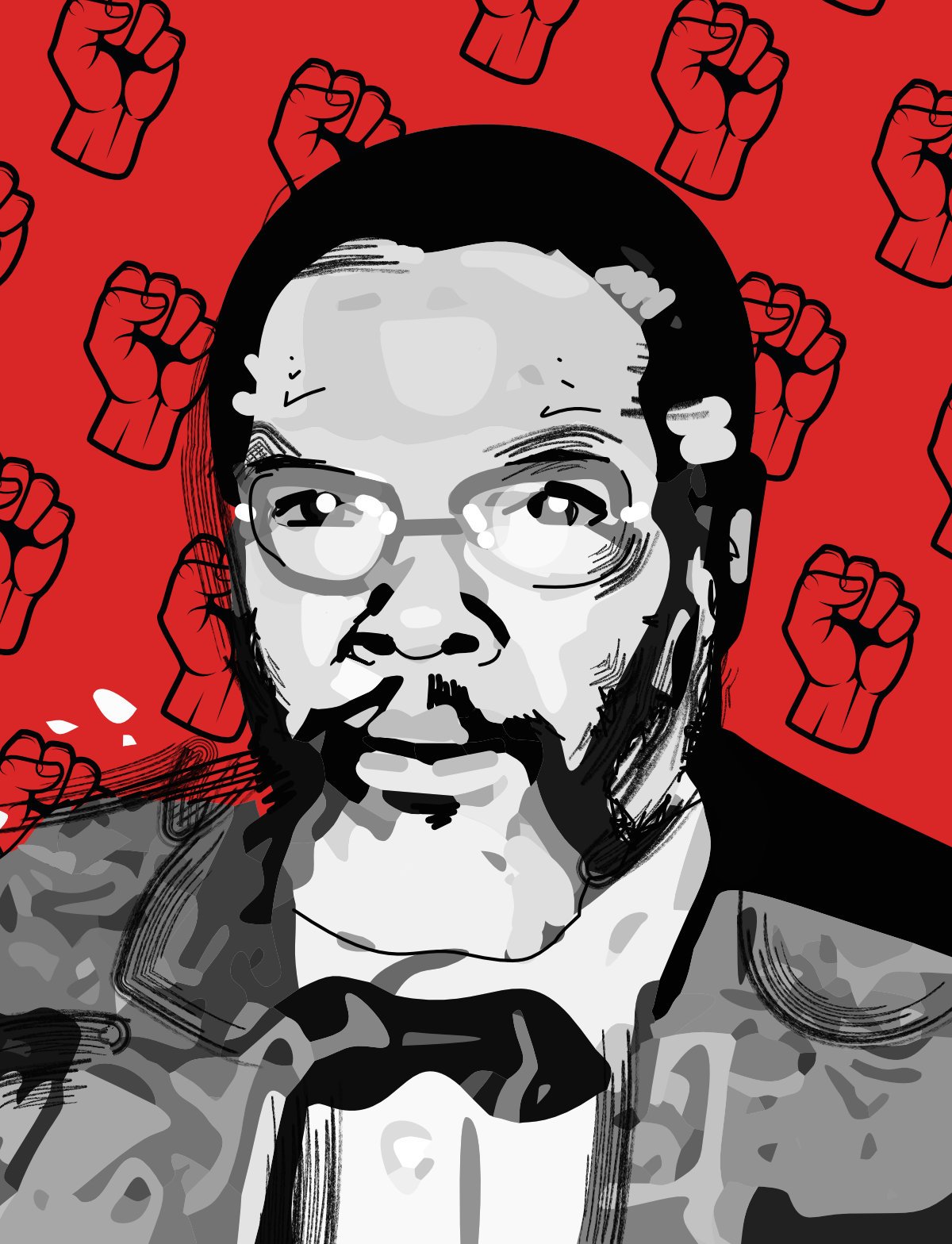 Illustration graphique en rouge, noir et blanc du portrait de Raoul Serva, philosophe et militant nationaliste guadeloupéen