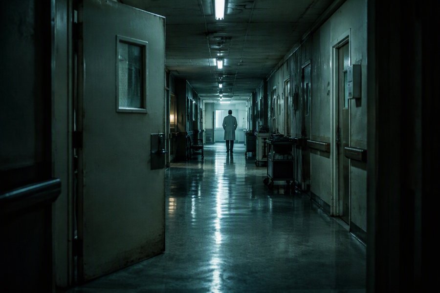 Illustration de l'insécurité en psychiatrie en Guadeloupe : une porte d'hôpital ouverte dans un couloir vide