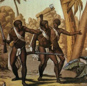 Gravure ancienne représentant des esclaves marrons armés dans une forêt tropicale, symbole de résistance à l'esclavage