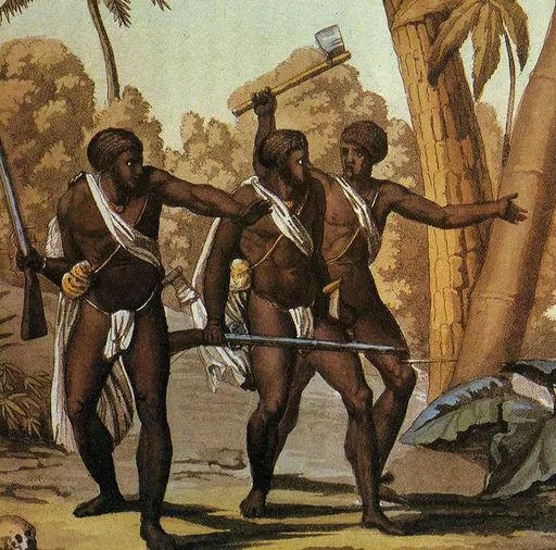 Gravure ancienne représentant des esclaves marrons armés dans une forêt tropicale, symbole de résistance à l'esclavage
