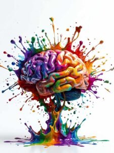 Cerveau multicolore en éclaboussures de peinture, symbole de la création artistique et de la santé mentale
