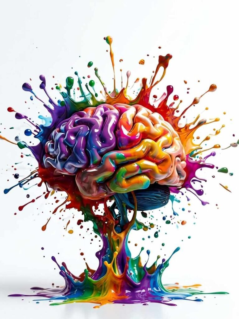Cerveau multicolore en éclaboussures de peinture, symbole de la création artistique et de la santé mentale