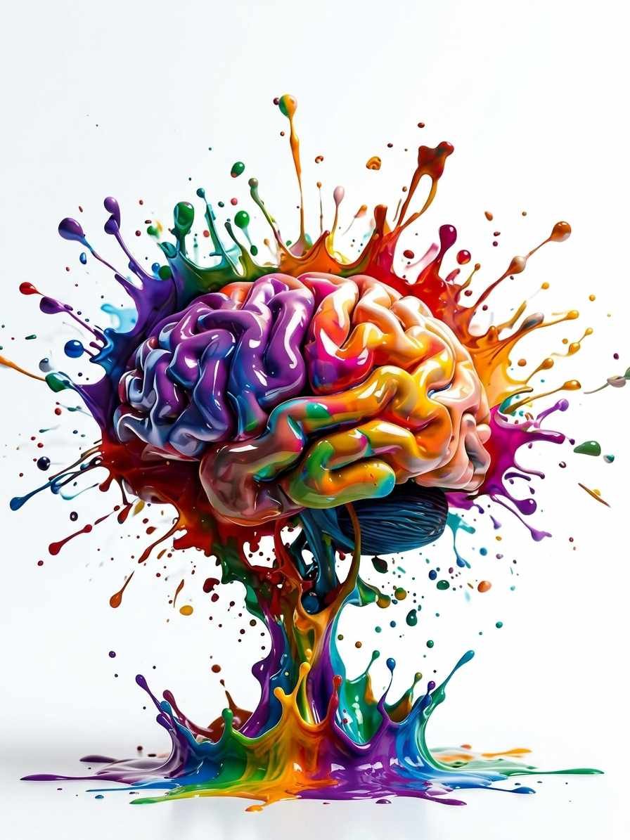 Cerveau multicolore en éclaboussures de peinture, symbole de la création artistique et de la santé mentale
